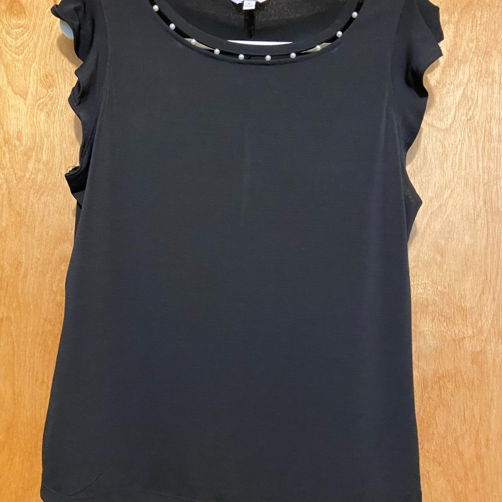 Black Flutter Sleeve Ruffled Blouse with pearl Embellishments